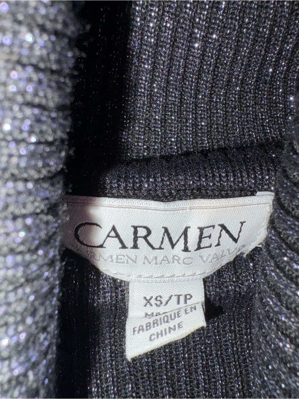 Carmen Marc Valvo Black & Dark Blue Metallic Shimmer Ribbed Turtleneck Size XS - Picture 5 of 8